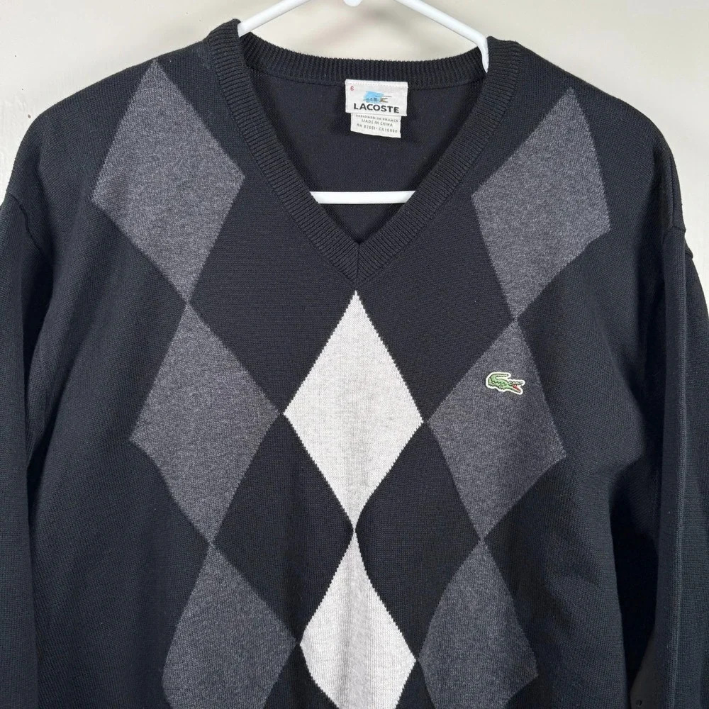 Lacoste Pullover Sweater Men's Black Gray Argyle Diamond V-Neck Long Sleeve - XL